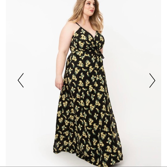Unique Vintage Dresses & Skirts - NWOT Unique Vintage Black & Lemon Print Caddie Wrap Maxi Dress